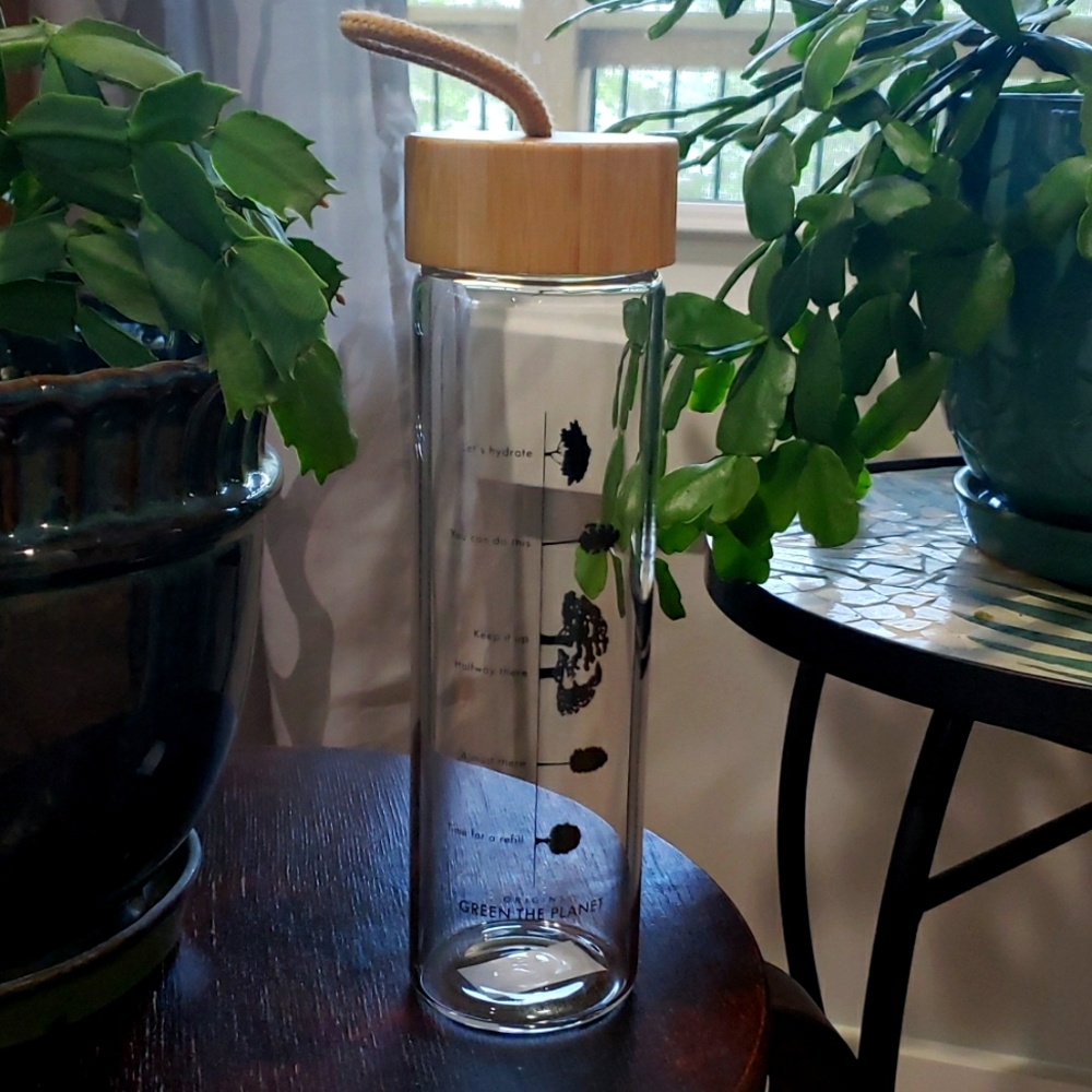 Glass water bottle by origins. 20 ounces